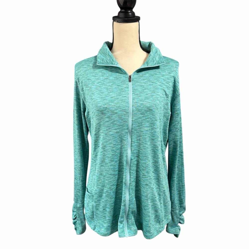 Columbia Women's Teal Ribbed Full Zip Jacket Sz XL Layers Pockets Outdoors Cozy